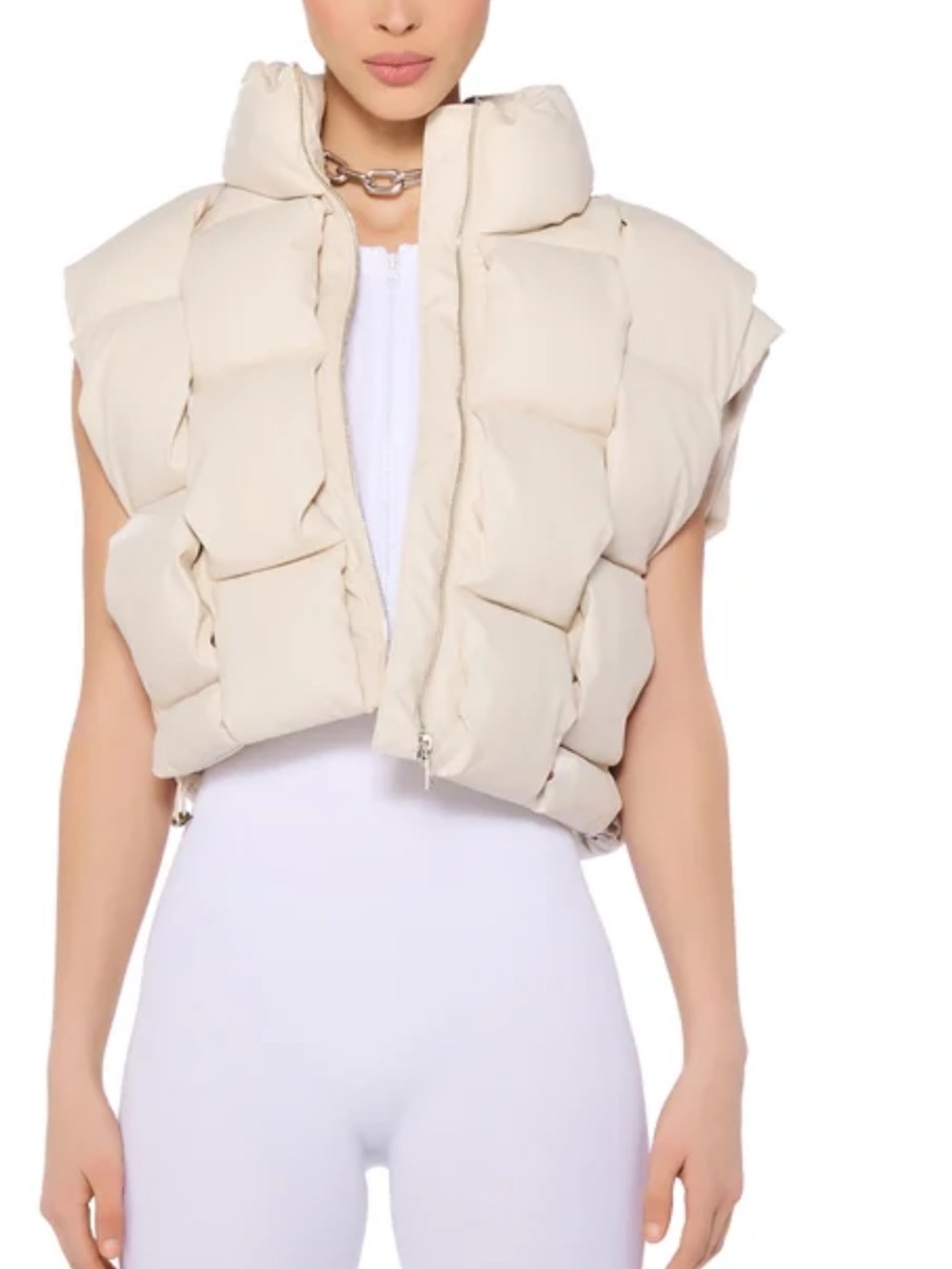 AKIRA Beige Puffy Quilted Vest Jacket beige leather
